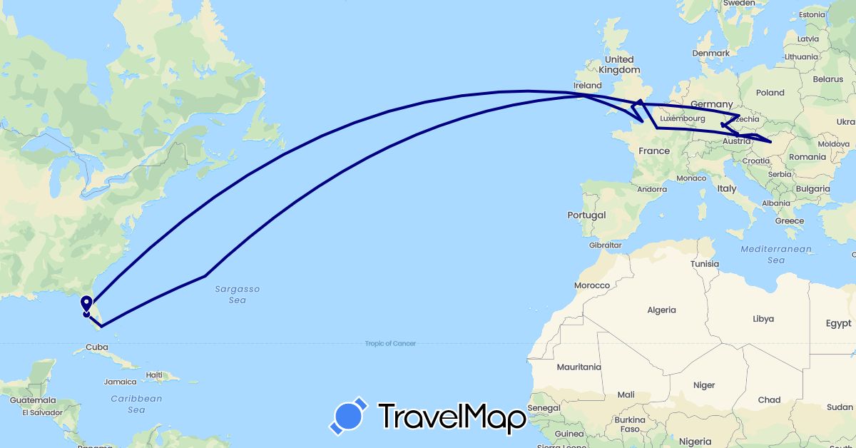 TravelMap itinerary: driving in Austria, Bermuda, Czech Republic, Germany, France, United Kingdom, Hungary, Ireland, Slovakia, United States (Europe, North America)
